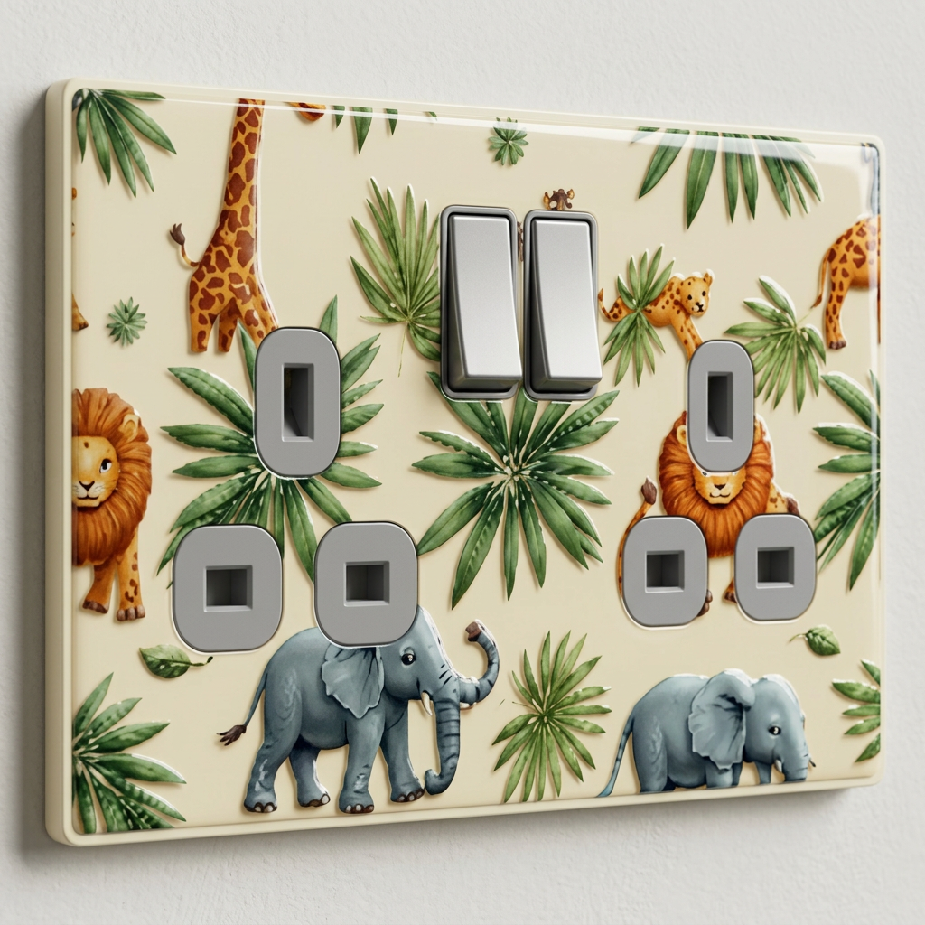 Safari jungle animals lion and elephant UK double socket and switch plate