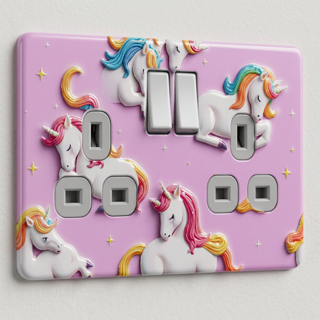Rainbow unicorns on pink UK double socket and switch plate