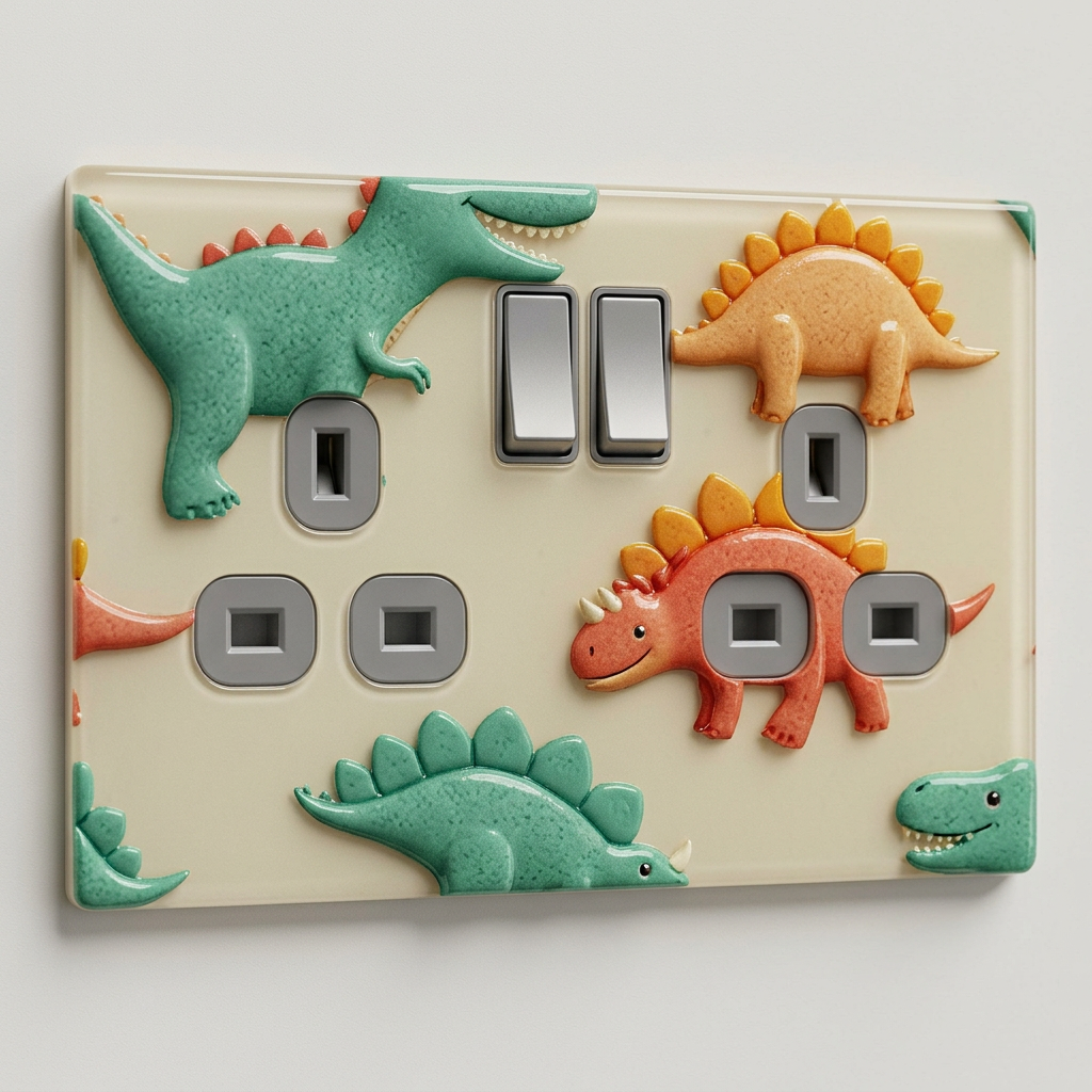 Cute pastel dinosaurs UK double socket and switch plate